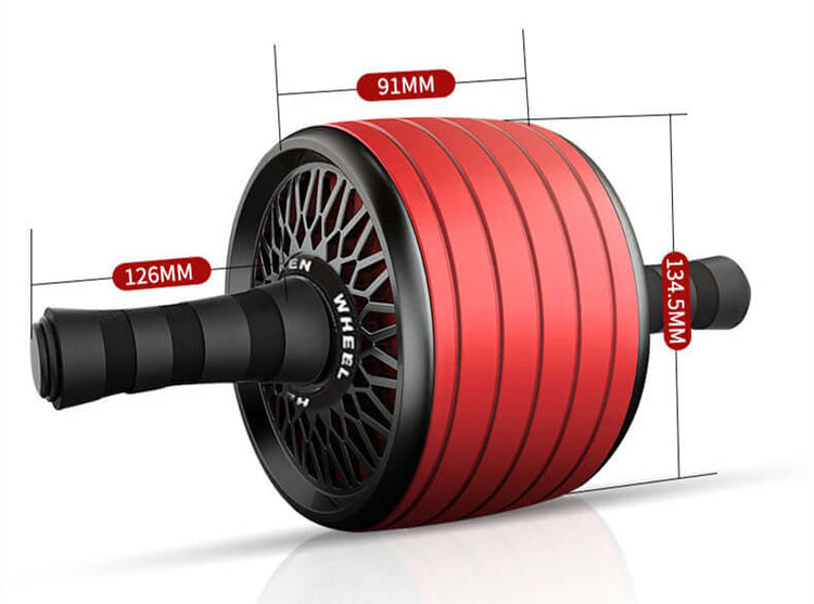 Home fitness abs wheel in red color showing dimensions, designed for effective abdominal workouts.
