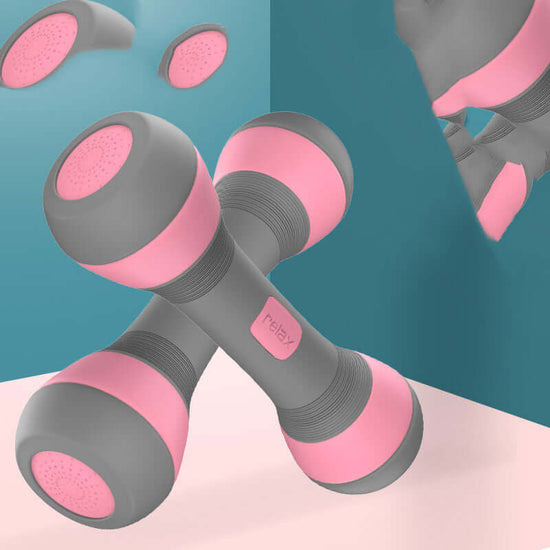 Dumbbell Ladies Adjustable Weight Fitness Home Fitness Equipment Thin Arms Girls in pink color on a colorful background.